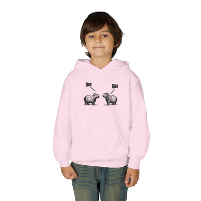 Capy Life kids light pink pullover hoodie featuring a funny graphic of two capybaras saying Bro to each other.