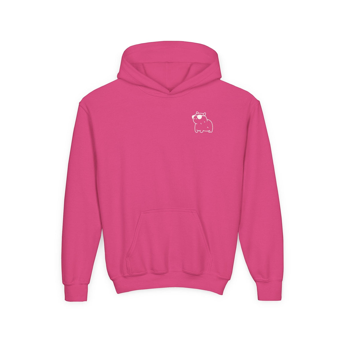 Capy Life pink kids hoodie with a small white line-art capybara graphic on the chest and a front kangaroo pocket.