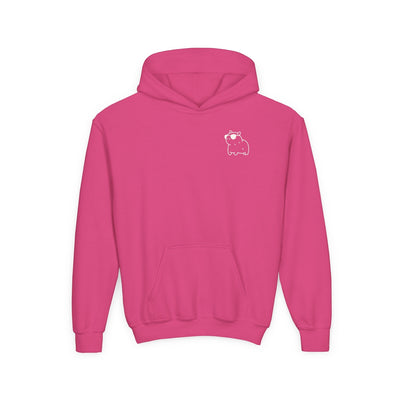 Capy Life pink kids hoodie with a small white line-art capybara graphic on the chest and a front kangaroo pocket.