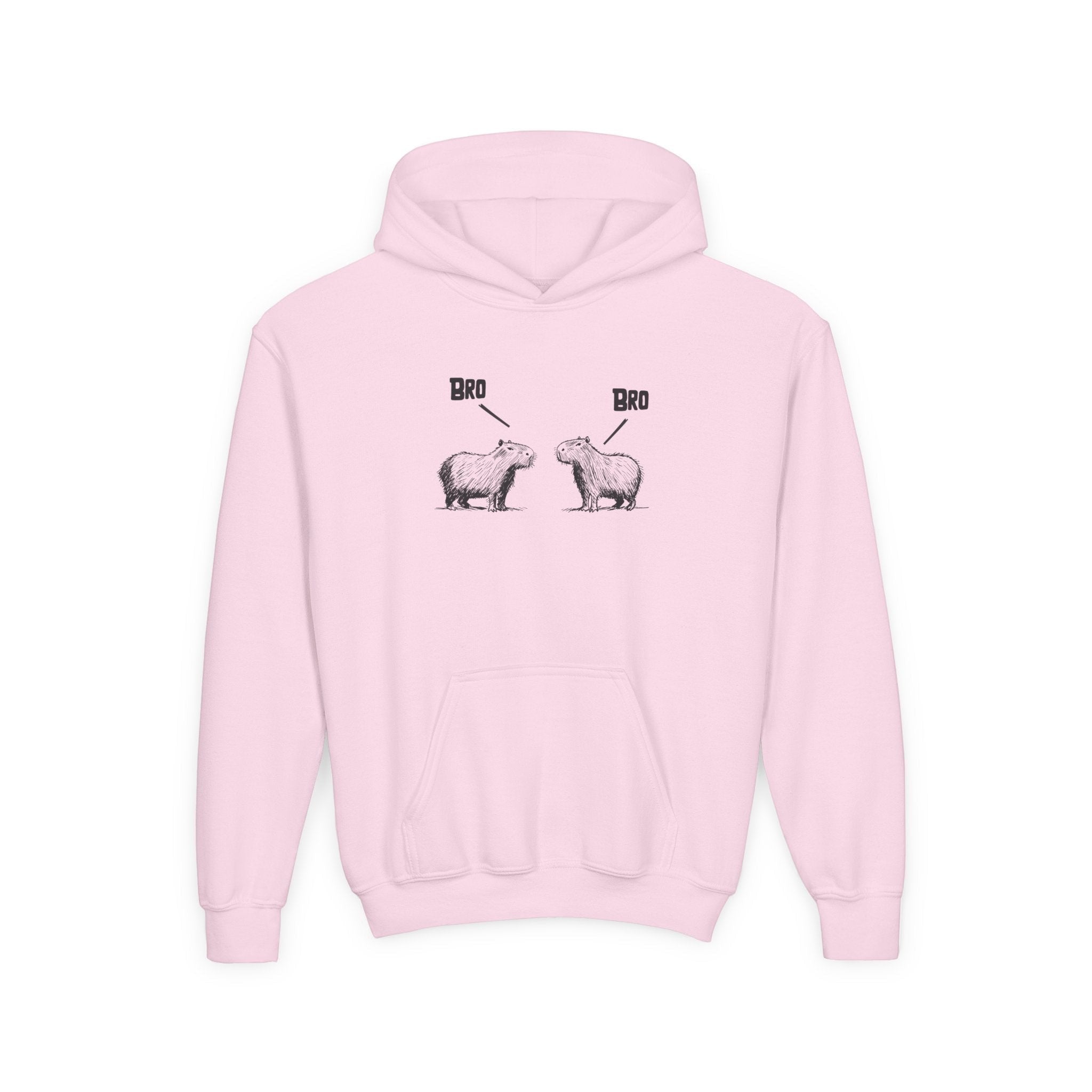 Capy Life light pink kids pullover hoodie featuring a funny sketch of two capybaras saying Bro to each other.