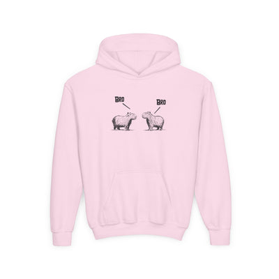 Capy Life light pink kids pullover hoodie featuring a funny sketch of two capybaras saying Bro to each other.
