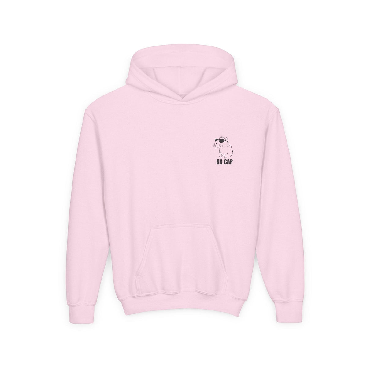 Capy Life light pink kids hoodie featuring a small embroidered capybara wearing sunglasses with No Cap text on the chest