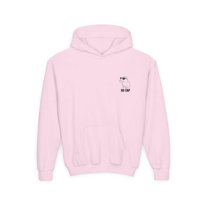 Capy Life light pink kids hoodie featuring a small embroidered capybara wearing sunglasses with No Cap text on the chest