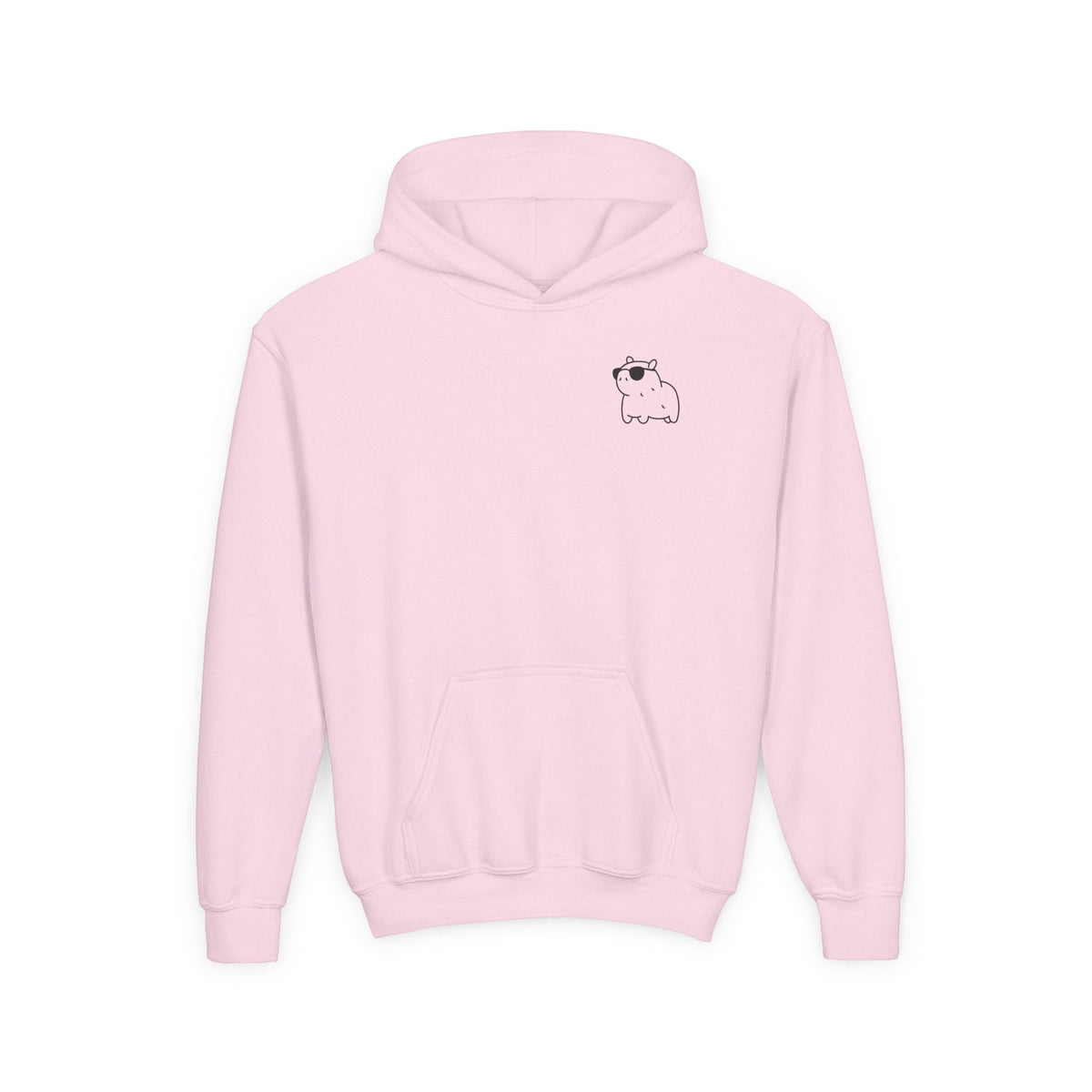 Capy Life light pink kids hoodie featuring a small, minimalist capybara graphic wearing sunglasses on the chest.