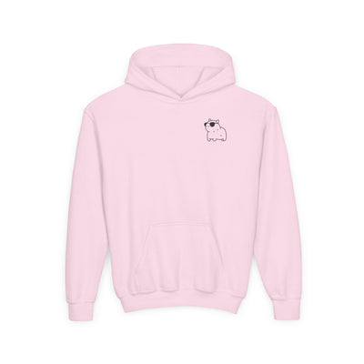 Capy Life light pink kids hoodie featuring a small, minimalist capybara graphic wearing sunglasses on the chest.