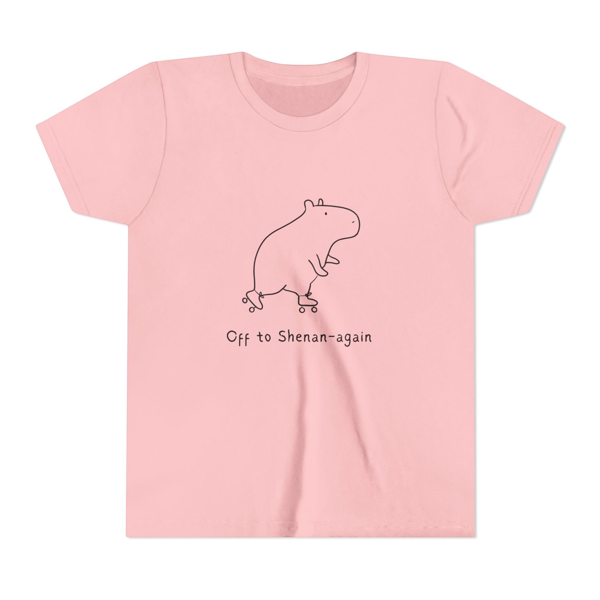 Capy Life kids pink graphic tee featuring a minimalist doodle of a capybara on roller skates with text.
