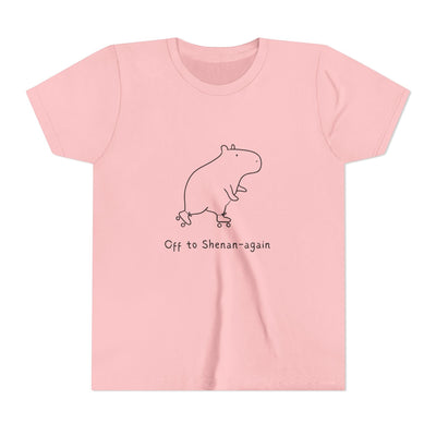 Capy Life kids pink graphic tee featuring a minimalist doodle of a capybara on roller skates with text.