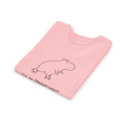 Capy Life pink kids graphic tee featuring a cute doodle of a capybara on roller skates with the text Off to Shenan-again