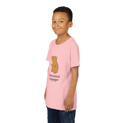Capy Life kids light pink cotton t-shirt featuring a cute capybara graphic and Professional Lollygagger text