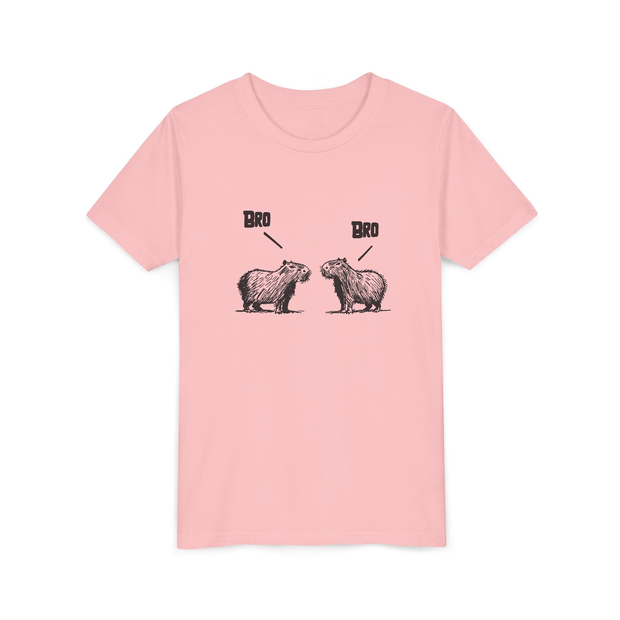 Capy Life light pink kids t-shirt featuring a sketch-style graphic of two capybaras saying Bro to each other.