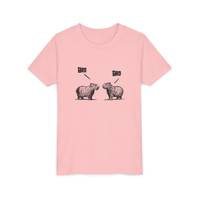 Capy Life light pink kids t-shirt featuring a sketch-style graphic of two capybaras saying Bro to each other.