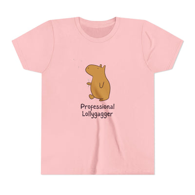 Capy Life light pink kids t-shirt featuring a hand-drawn capybara graphic and the text Professional Lollygagger.