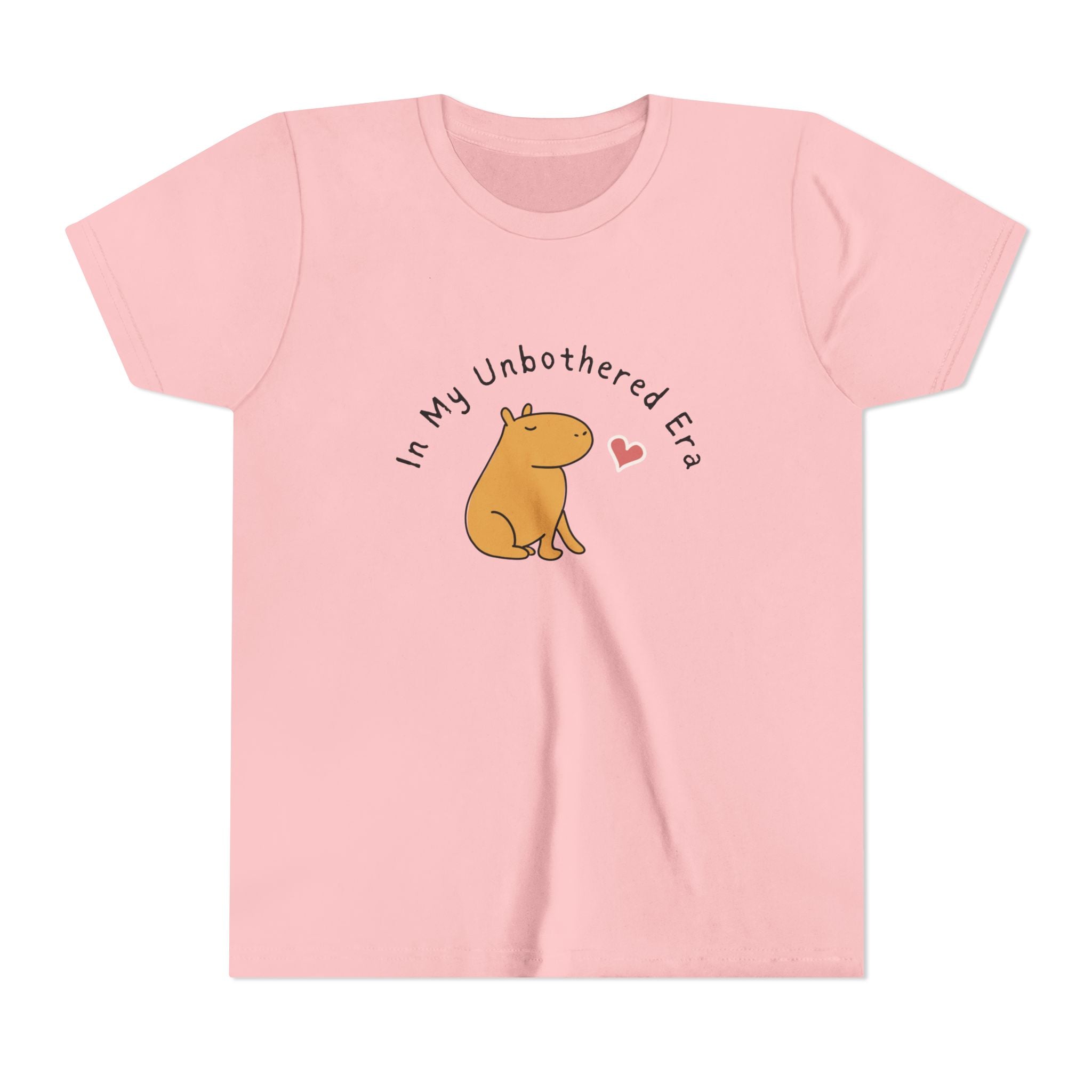 Capy Life kids pink t-shirt featuring a cute capybara illustration and the text In My Unbothered Era with a heart.