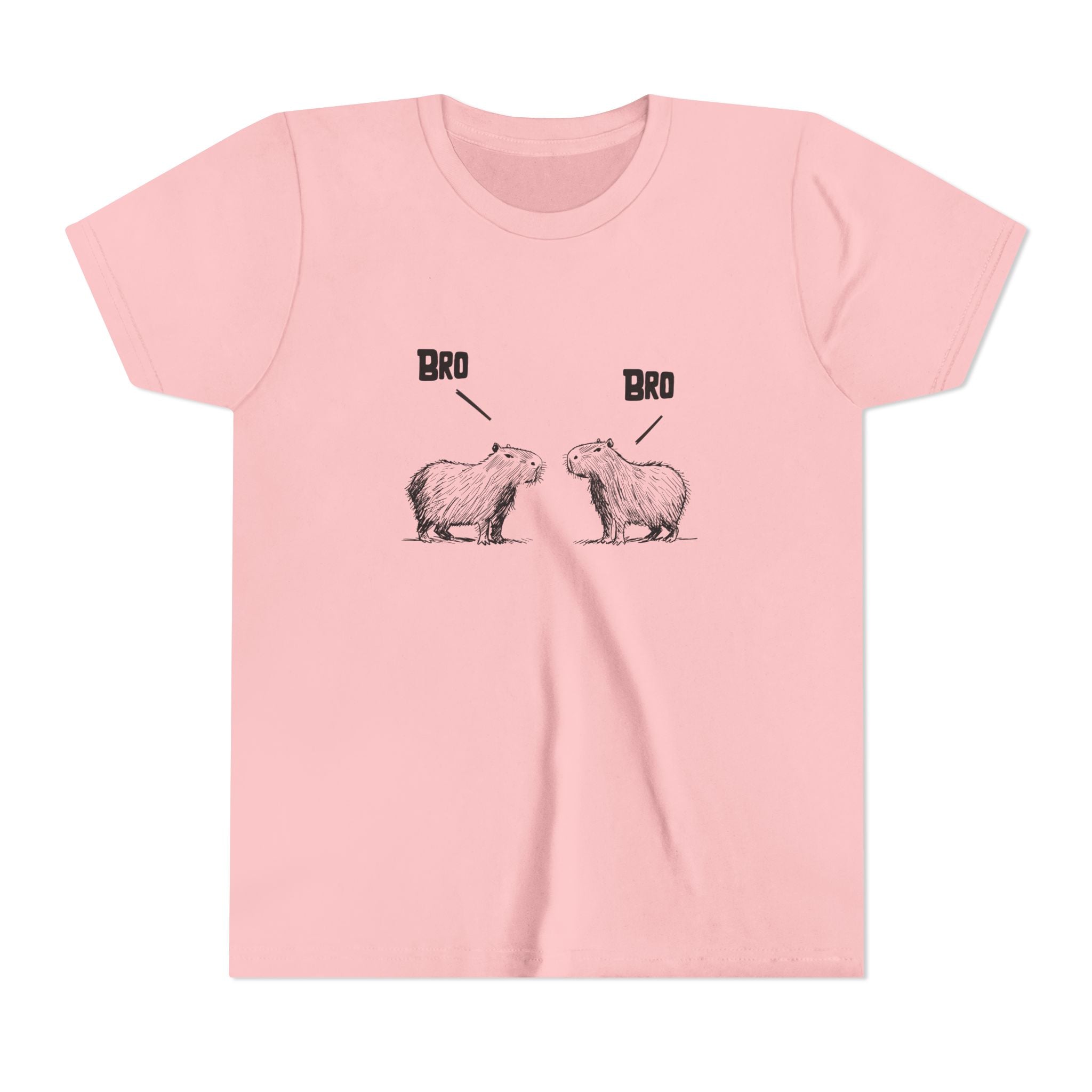Capy Life light pink kids t-shirt featuring a sketch-style graphic of two capybaras saying Bro to each other.