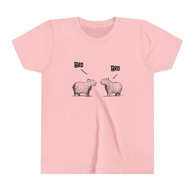 Capy Life light pink kids t-shirt featuring a sketch-style graphic of two capybaras saying Bro to each other.