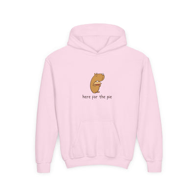 Capy Life light pink kids hoodie featuring a cute illustration of Gene the capybara holding a slice of pie