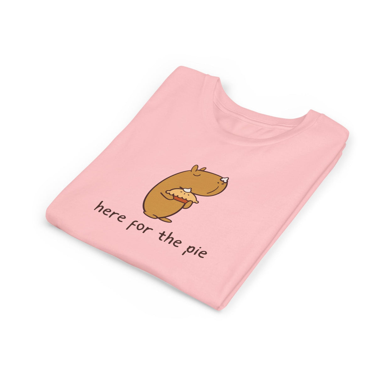 Capy Life pink kids t-shirt featuring Gene the Capybara holding a pie with whipped cream on his nose
