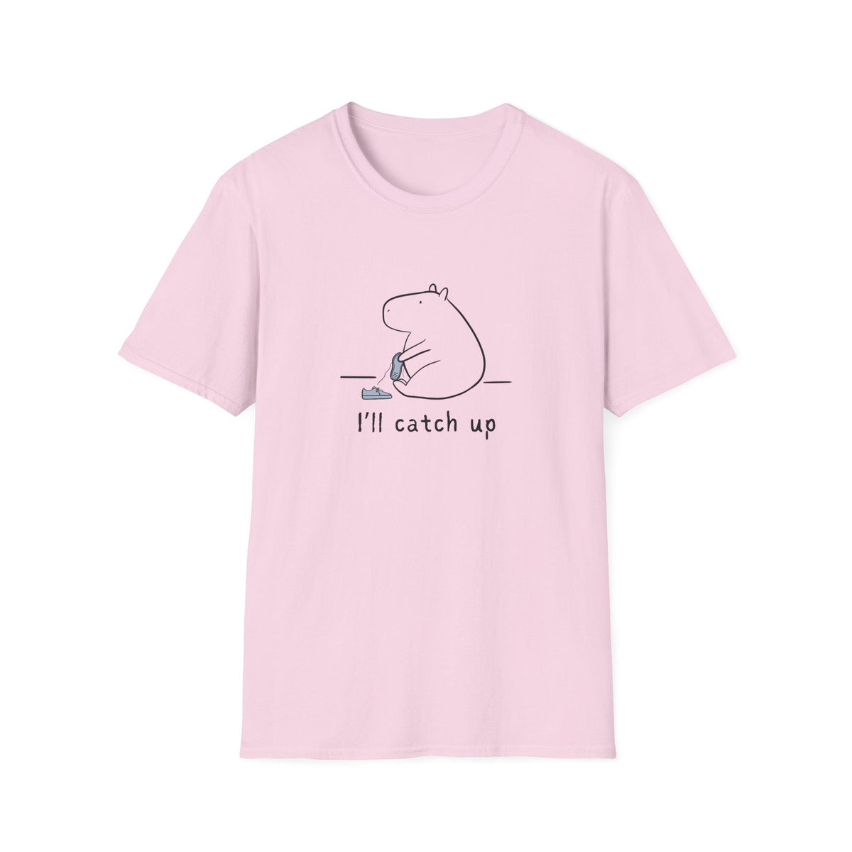 Capy Life light pink softstyle t-shirt featuring a minimalist graphic of a capybara tying its shoe with text I'll catch up
