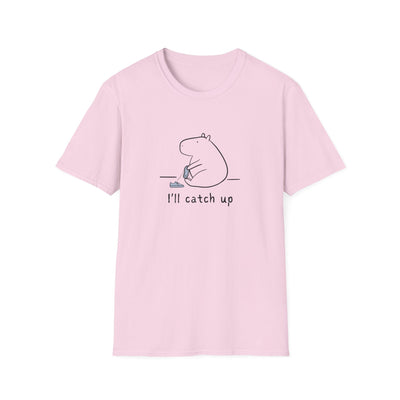 Capy Life light pink softstyle t-shirt featuring a minimalist graphic of a capybara tying its shoe with text I'll catch up