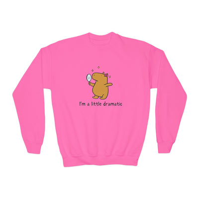 Capy Life youth pink crewneck sweatshirt featuring a cute capybara holding a mirror with the text I am a little dramatic