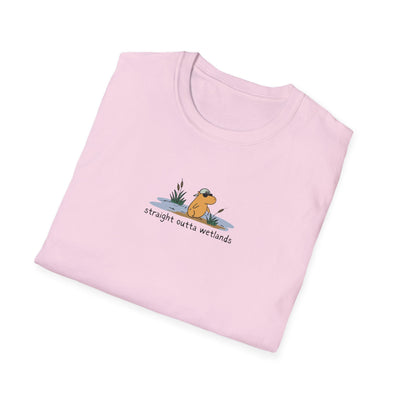 Capy Life light pink softstyle t-shirt featuring a hand-drawn capybara in a backwards hat with Straight Outta Wetlands