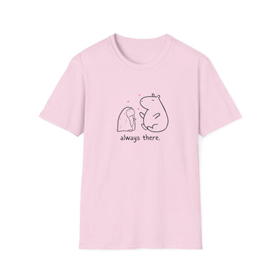 Capy Life light pink softstyle adult t-shirt featuring a hand-drawn capybara and bunny with hearts and always there text