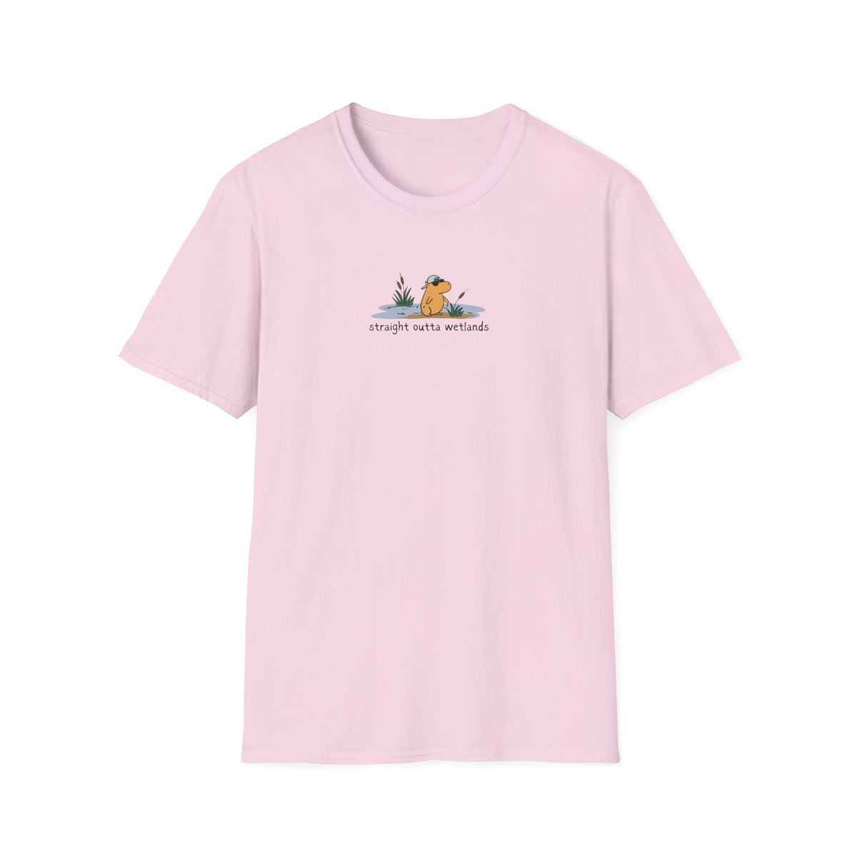 Capy Life light pink softstyle t-shirt featuring a small hand-drawn capybara wearing a backwards hat in a wetland.