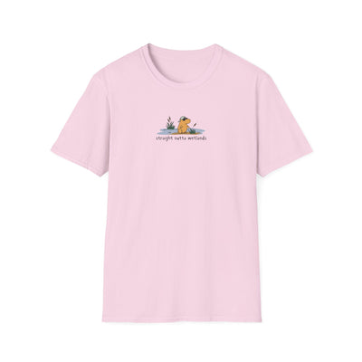Capy Life light pink softstyle t-shirt featuring a small hand-drawn capybara wearing a backwards hat in a wetland.