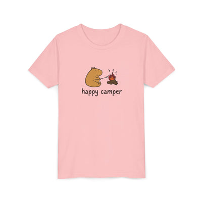 Capy Life kids t-shirt in light pink featuring a hand-drawn capybara roasting a marshmallow over a campfire.