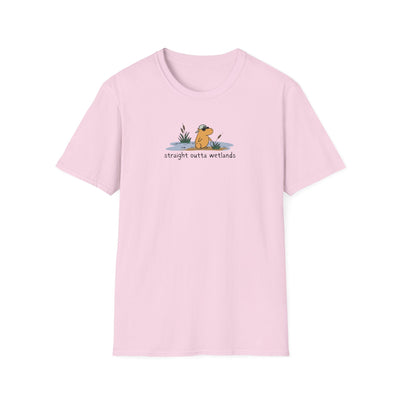 Capy Life light pink softstyle t-shirt featuring a small hand-drawn capybara wearing a backwards hat in a wetland.