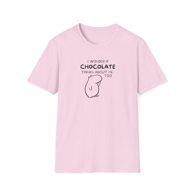 Capy Life light pink softstyle t-shirt featuring Gene the Capybara line art and a funny chocolate-themed quote.