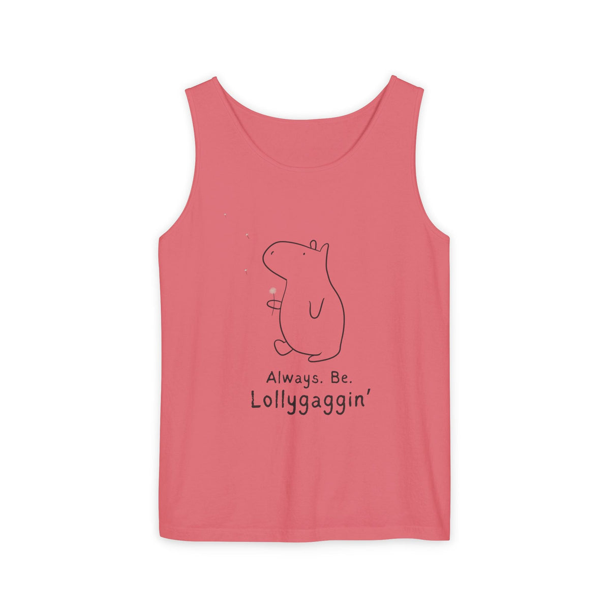 Capy Life pink Comfort Colors tank top featuring a minimalist line drawing of a capybara holding a dandelion.