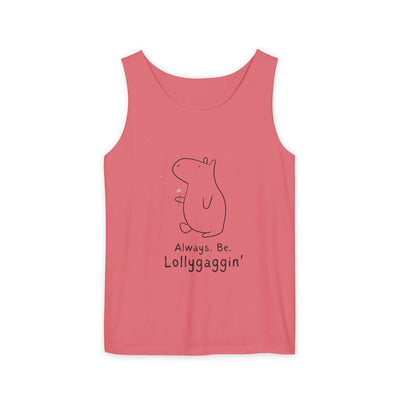 Capy Life pink Comfort Colors tank top featuring a minimalist line drawing of a capybara holding a dandelion.