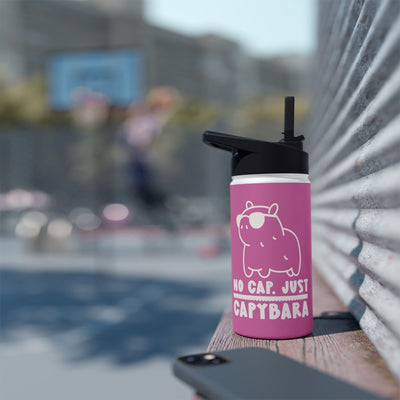 Capy Life pink stainless steel kids water bottle with a kawaii capybara wearing sunglasses and retro text design