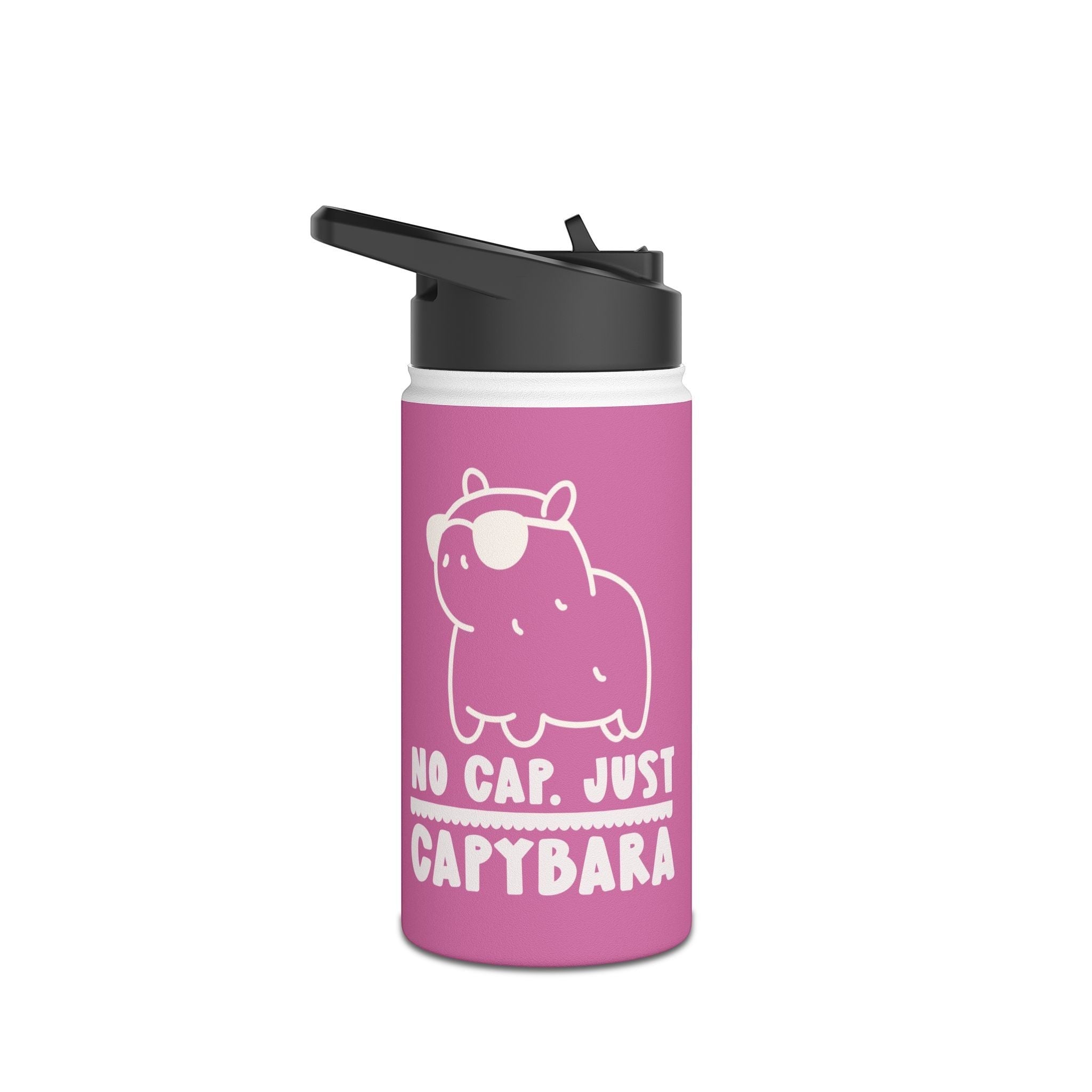 Capy Life pink stainless steel kids water bottle with a kawaii capybara wearing sunglasses and retro text design.