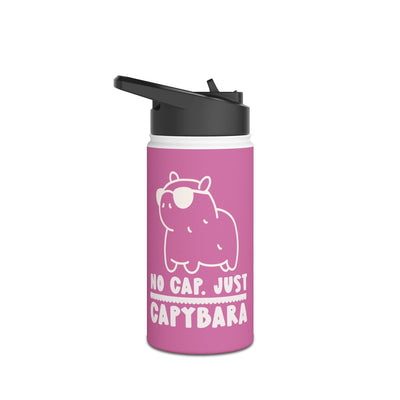 Capy Life pink stainless steel kids water bottle with a kawaii capybara wearing sunglasses and retro text design.