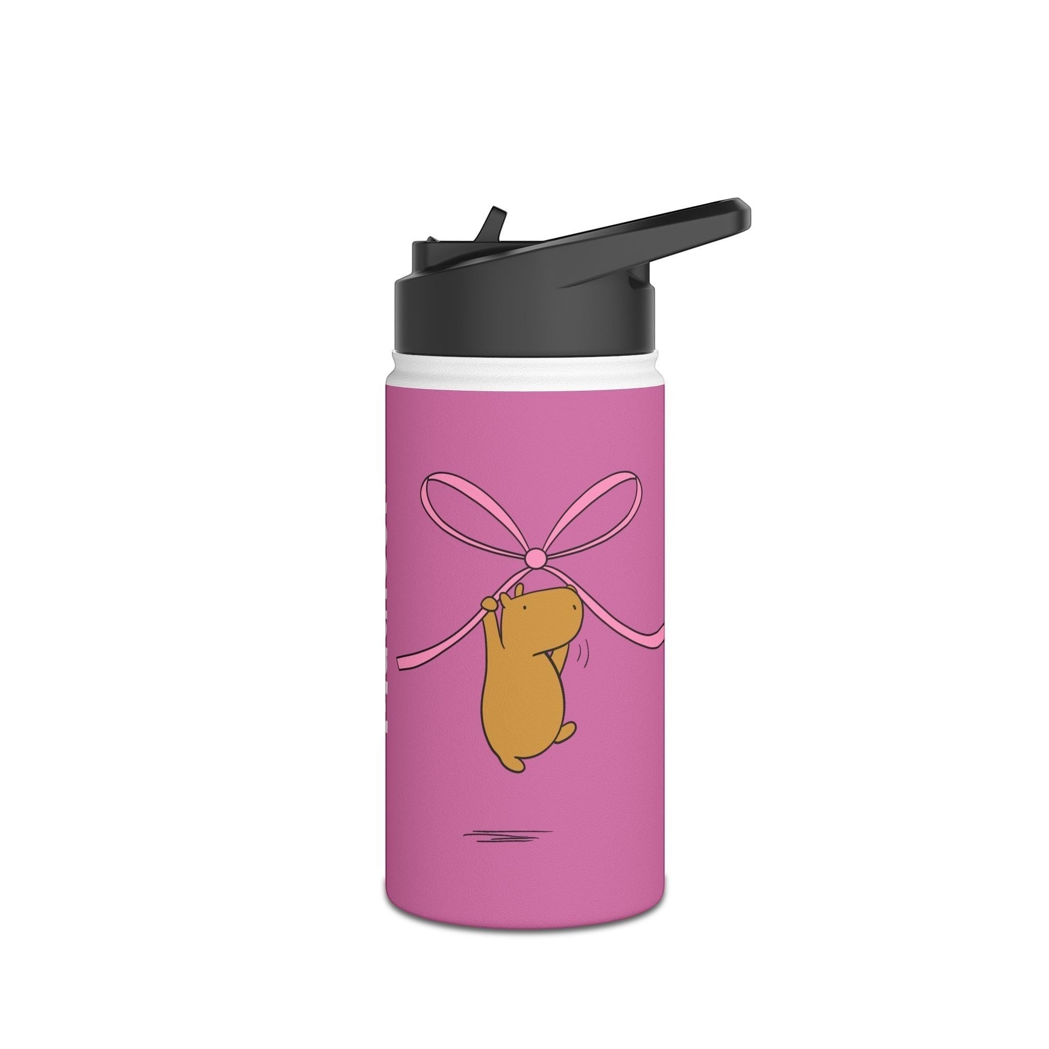 Capy Life personalized kids water bottle in pink with a cute capybara illustration holding a coquette ribbon bow