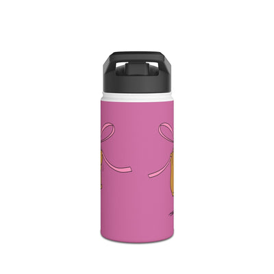 Capy Life personalized kids water bottle in pink with a cute capybara and coquette ribbon bow illustration
