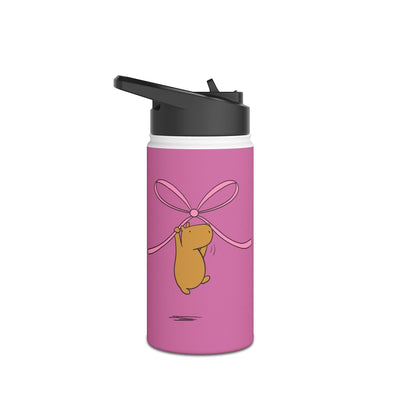 Capy Life personalized kids water bottle in pink featuring a cute capybara illustration holding a coquette bow