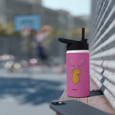 Capy Life personalized kids water bottle in pink with a cute capybara illustration and a coquette ribbon bow design.