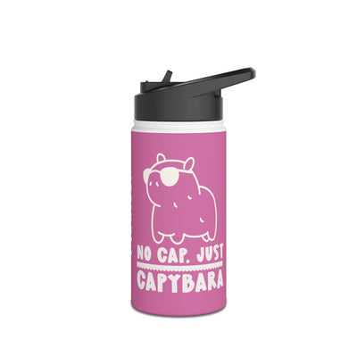Capy Life personalized pink stainless steel kids water bottle with a kawaii capybara wearing sunglasses and text