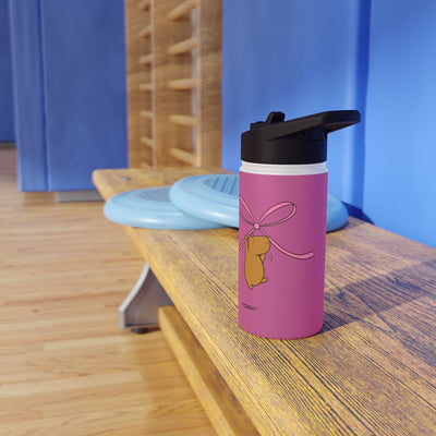 Capy Life pink kids water bottle featuring a cute capybara illustration with a coquette ribbon bow on a gym bench