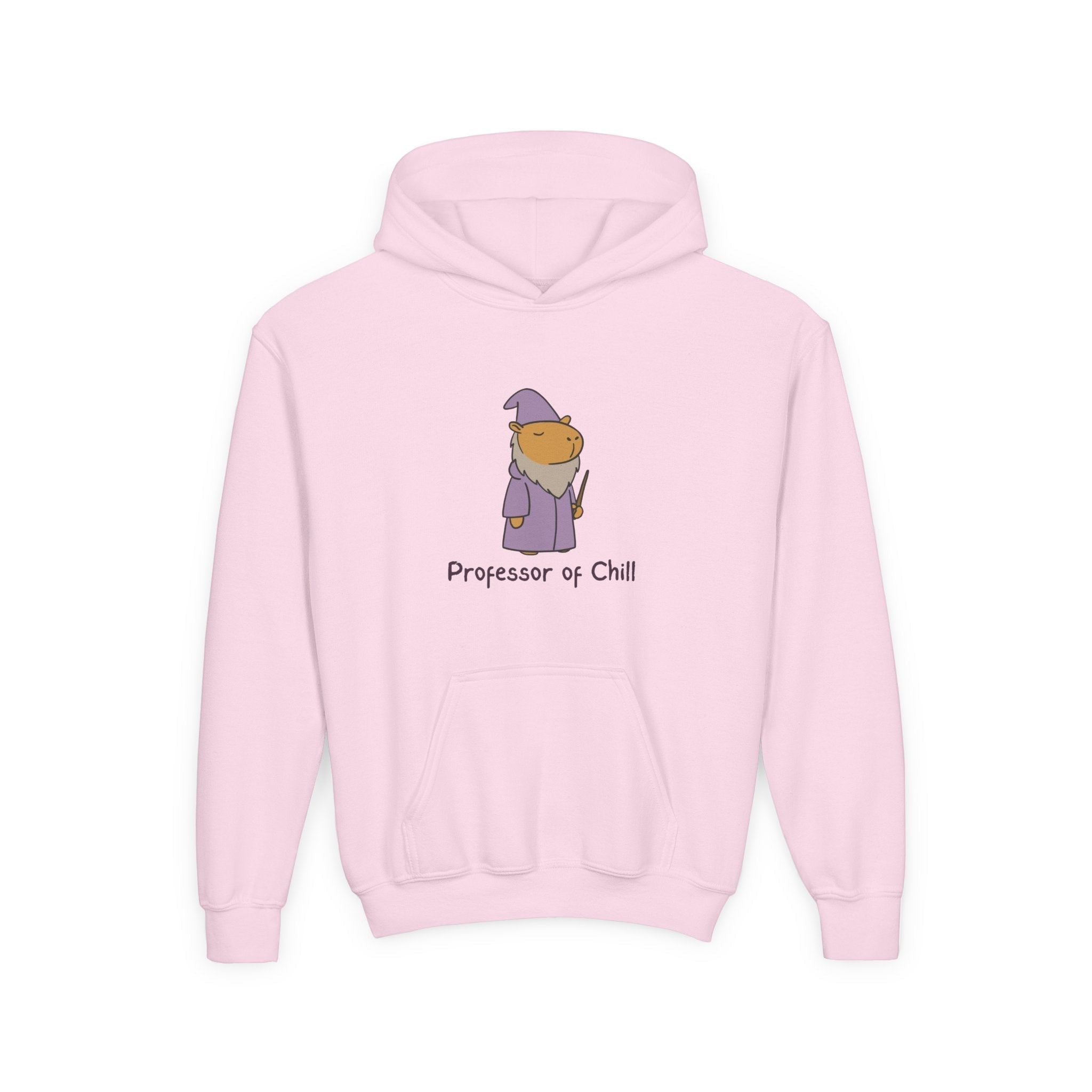 Capy Life light pink kids hoodie featuring a cute wizard capybara graphic and the text Professor of Chill.