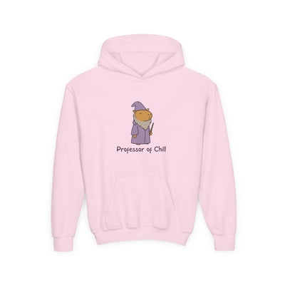 Capy Life light pink kids hoodie featuring a cute wizard capybara graphic and the text Professor of Chill.