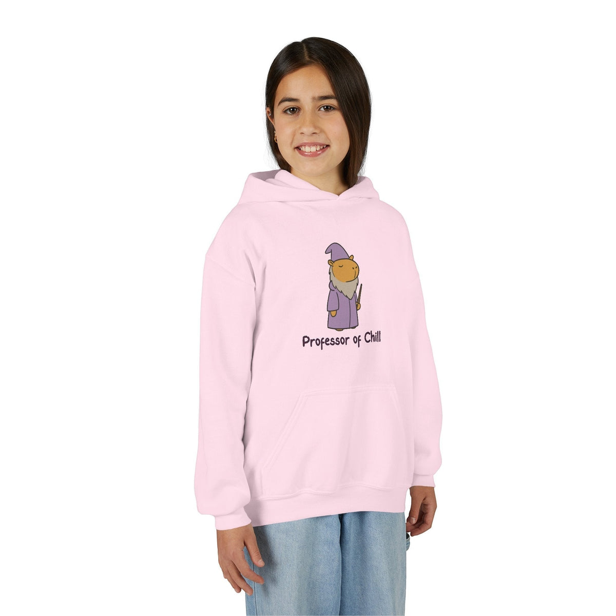 Capy Life kids hoodie in light pink featuring a wizard capybara graphic and the text Professor of Chill