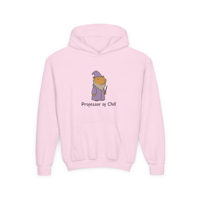 Capy Life light pink kids hoodie featuring a cute wizard capybara graphic and the text Professor of Chill.