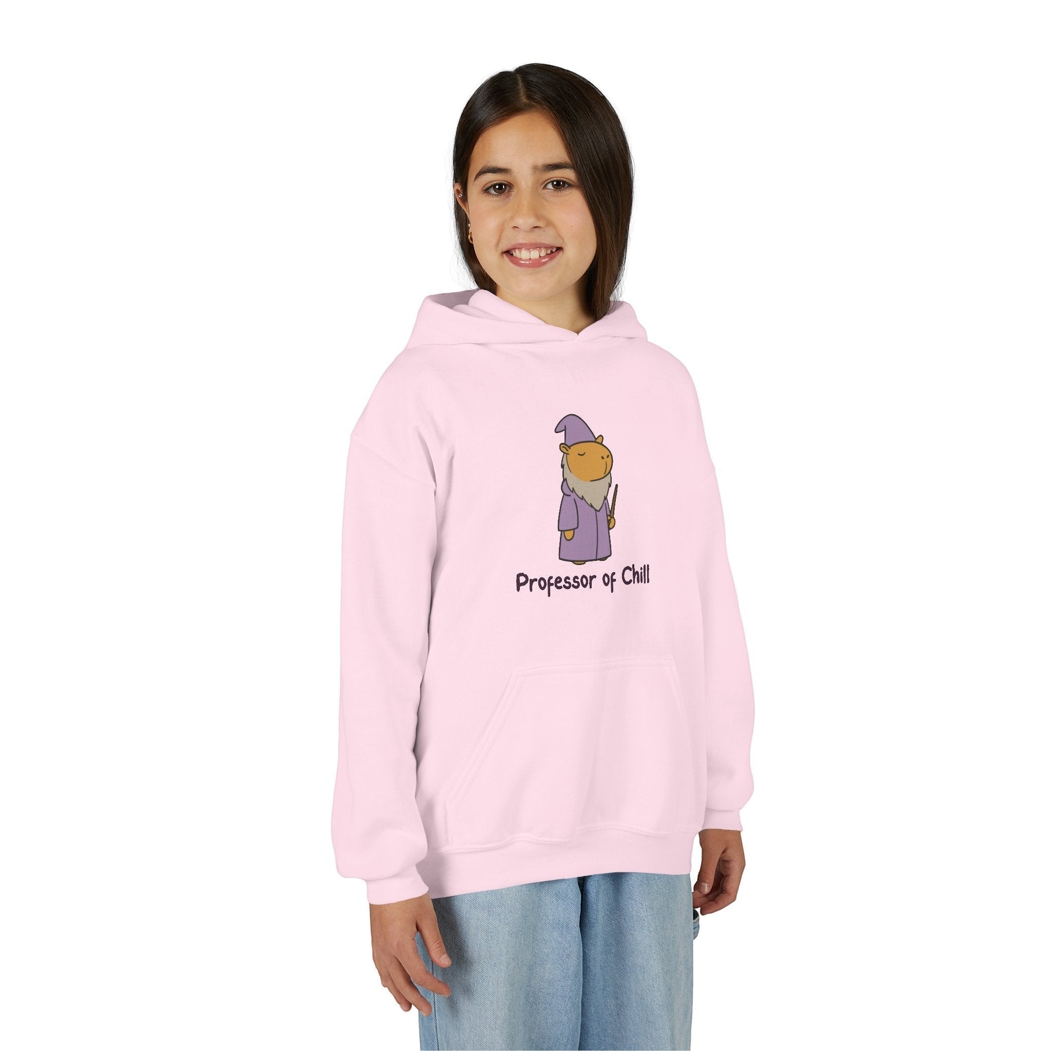 Capy Life kids hoodie in light pink featuring a wizard capybara graphic and the text Professor of Chill