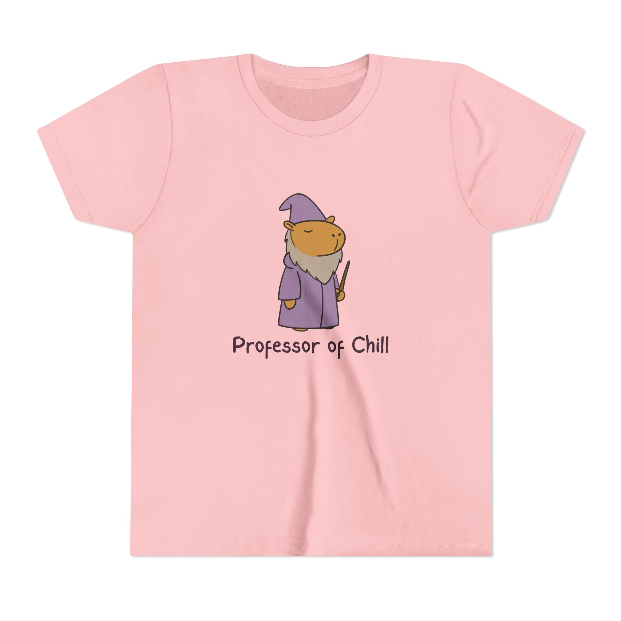 Capy Life light pink youth t-shirt featuring a cute wizard capybara graphic with the text Professor of Chill