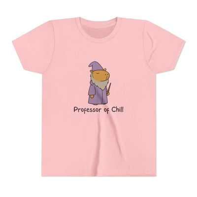 Capy Life light pink youth t-shirt featuring a cute wizard capybara graphic with the text Professor of Chill