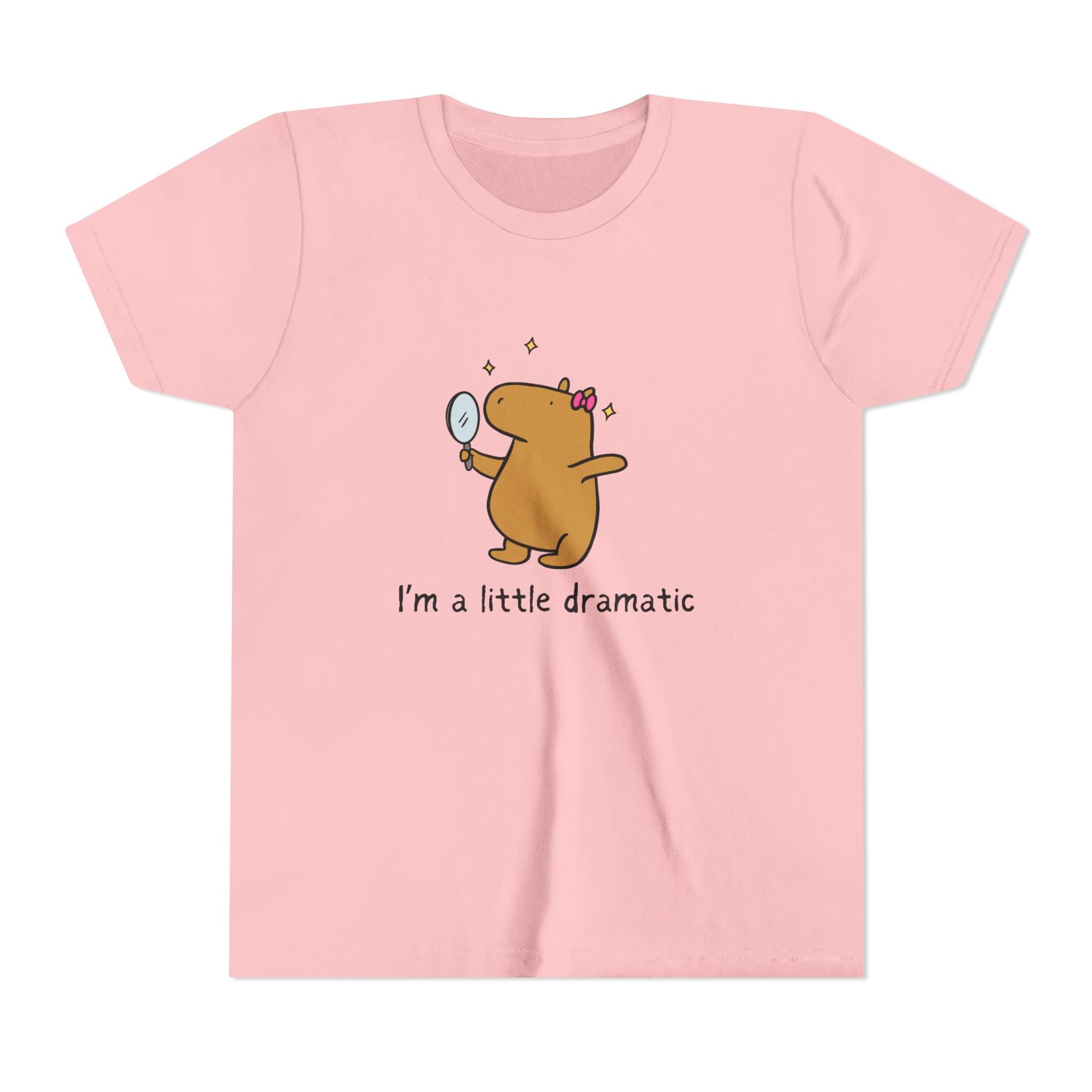 Capy Life youth pink t-shirt featuring a cute capybara with a bow holding a mirror and the text I am a little dramatic